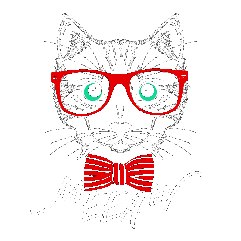 Logotipo oficial Meeaw, gato com óculos vermelhos